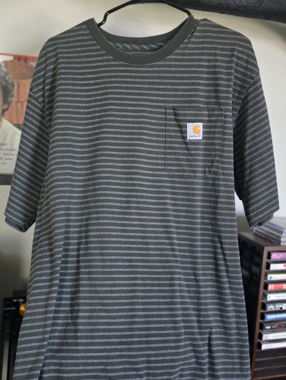 Carhartt Olive Green and Gray Striped Pocket Tee